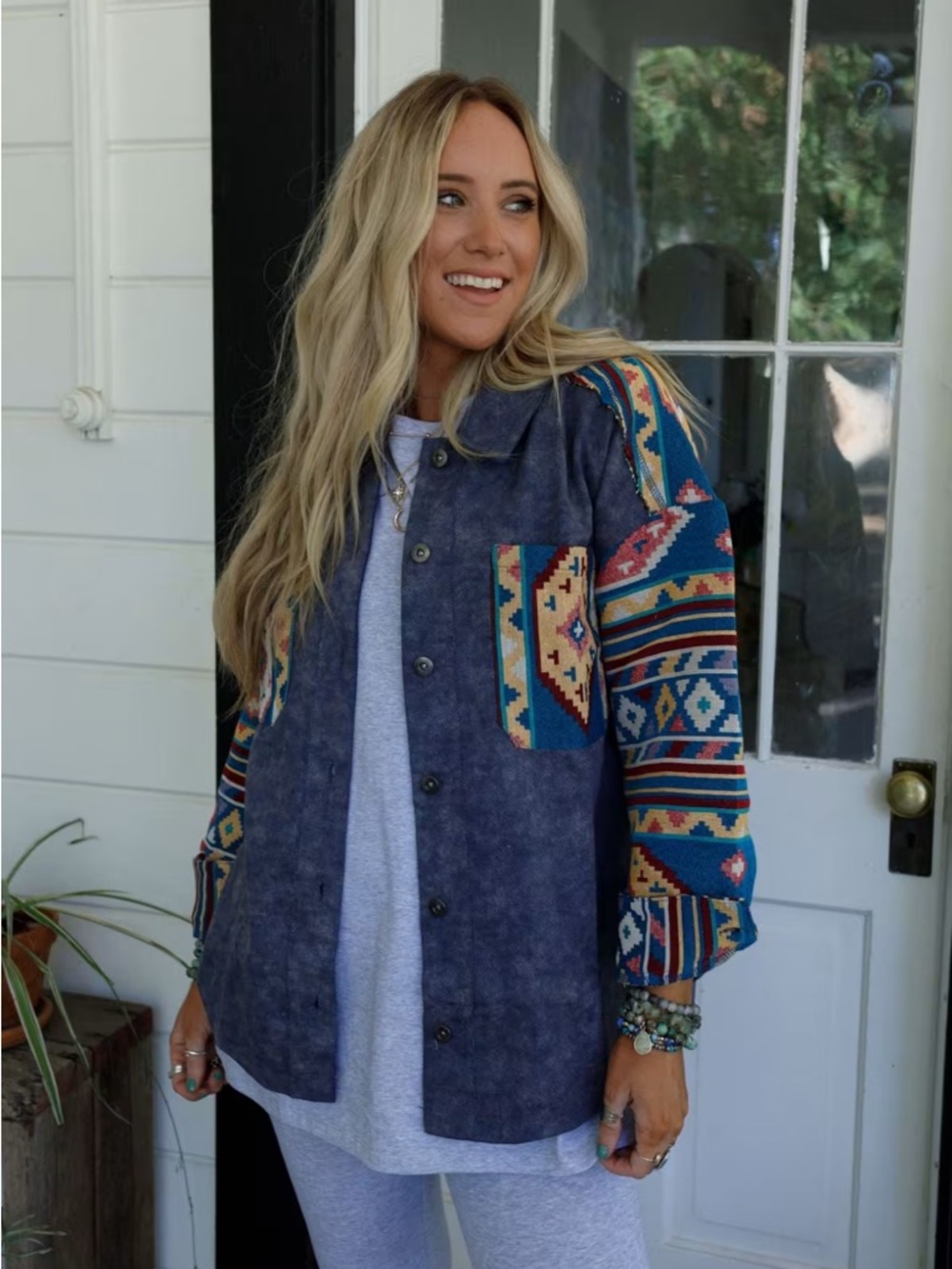 Three Bird Nest Navy & Multicolor Aztec Bomber Jacket